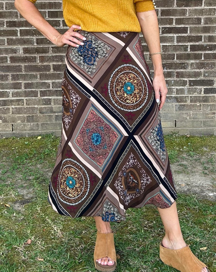 Woven Pattern Scarf Print Midi Skirt - Multi