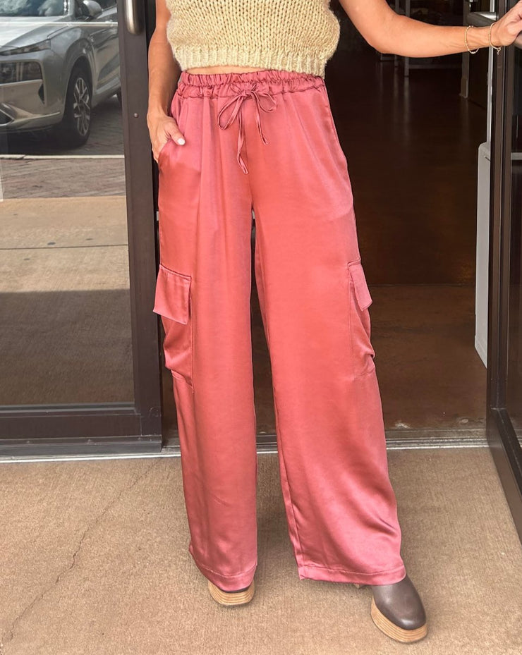 Satin Wide Leg Cargo Pant - Dark Pink