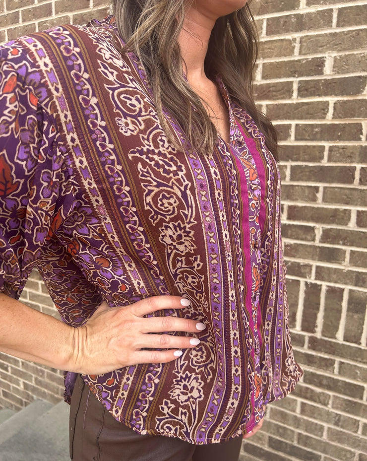 Chiffon Floral Metallic Thread V-Neck Top - Purple