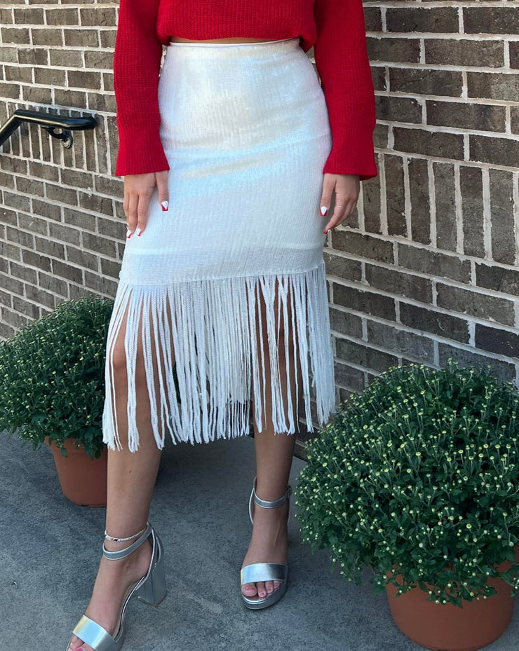 Milana Sequins Fringe Midi Skirt - Matte Ivory