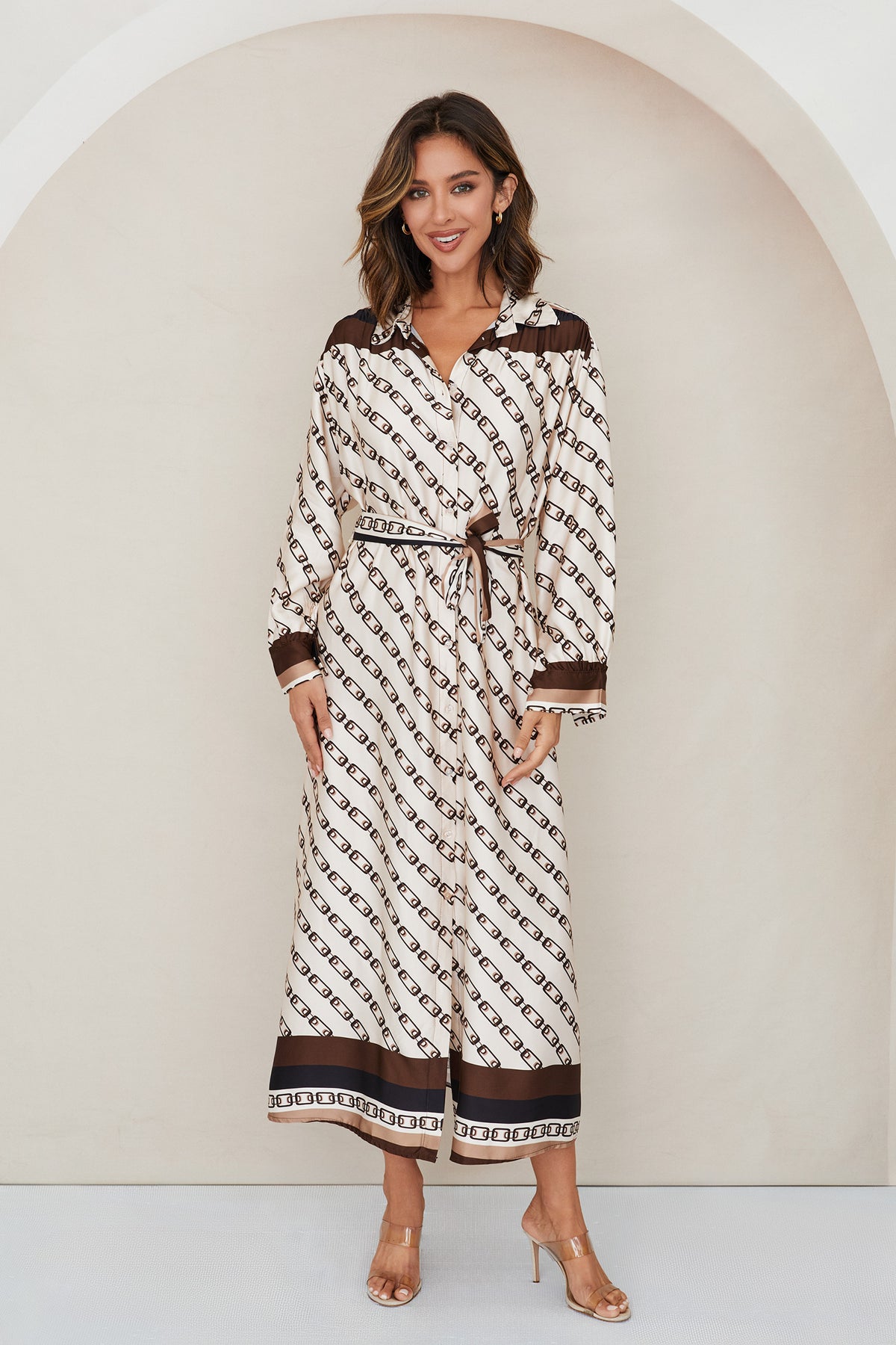 Chain Link Print Button Down Dress W/ Belt - Ivory Multi