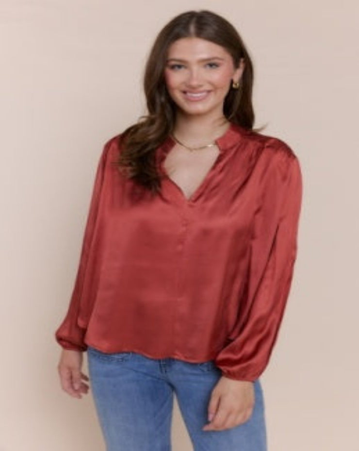 Freya Long Sleeve V-Neck Top - Marsala