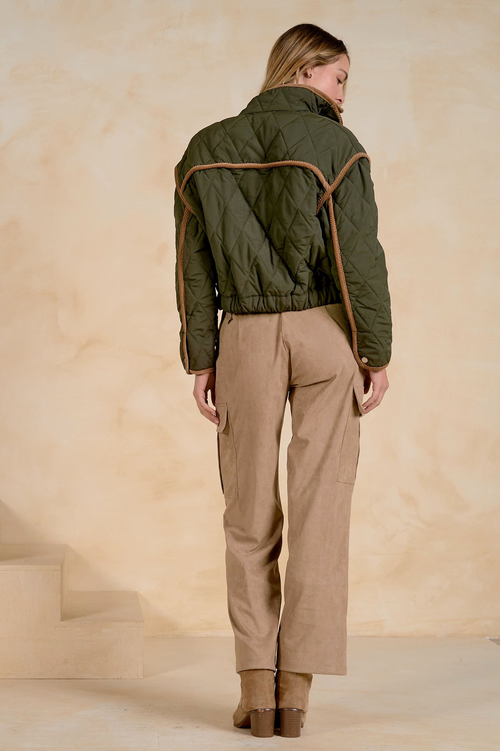 Puffer Jacket  With Corduroy Trim - Olive