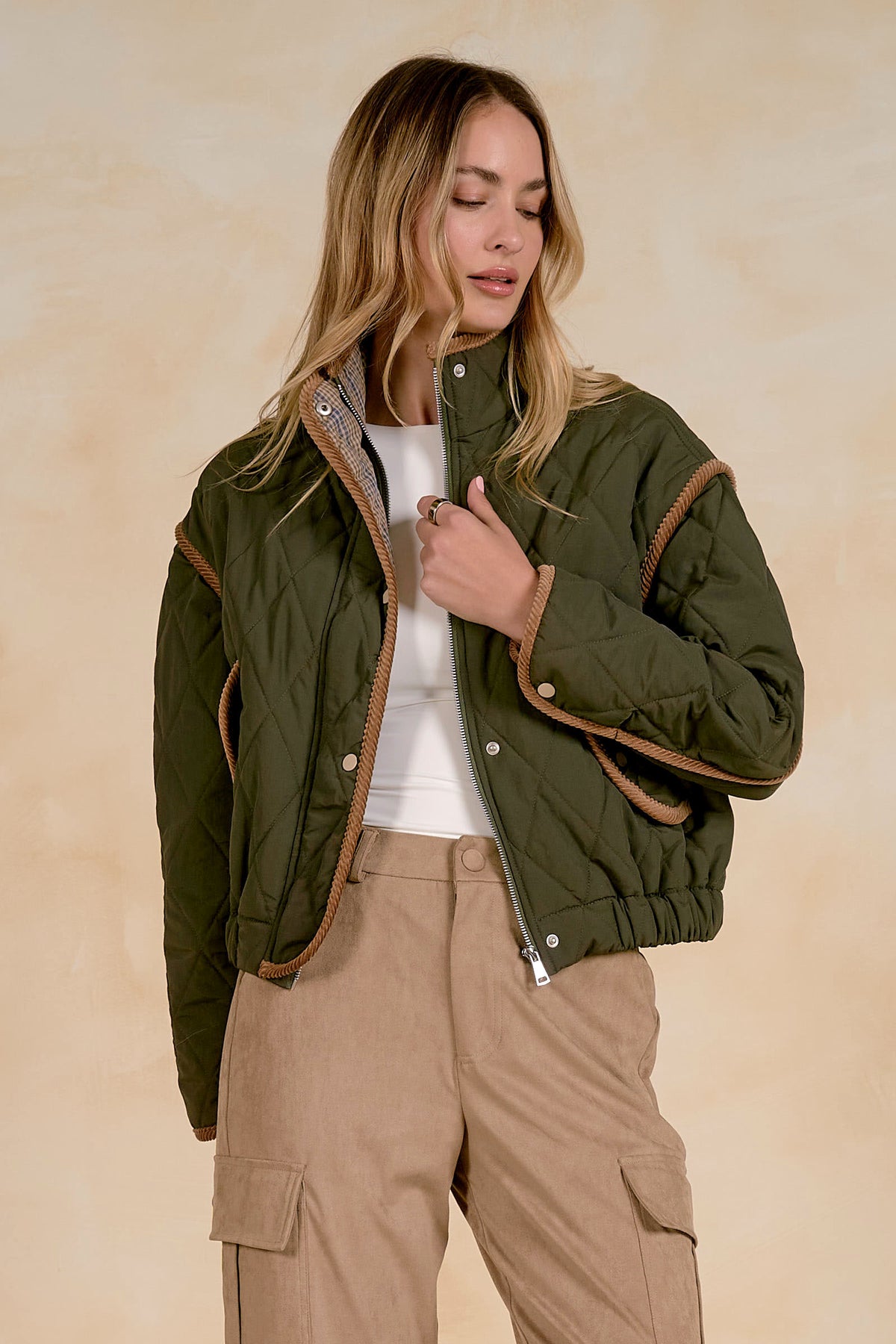 Puffer Jacket  With Corduroy Trim - Olive