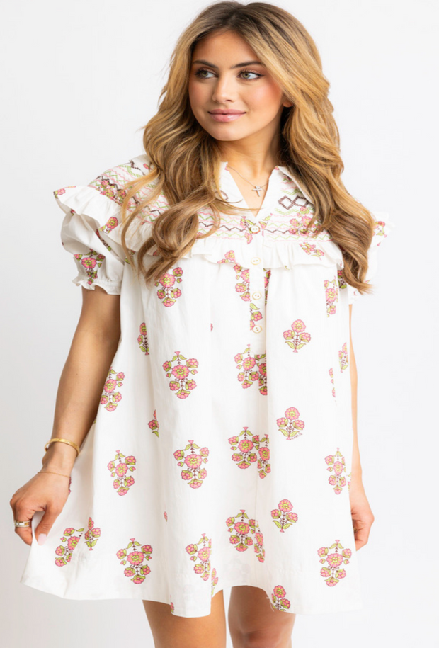 Floral Embroidered Mini Dress - Ivory