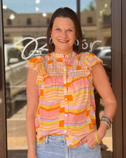 Multi Stripe V-Neck Top - Orange