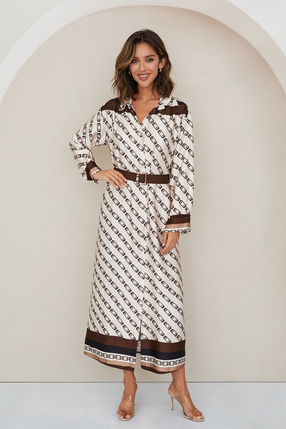 Chain Link Print Button Down Dress W/ Belt - Ivory Multi