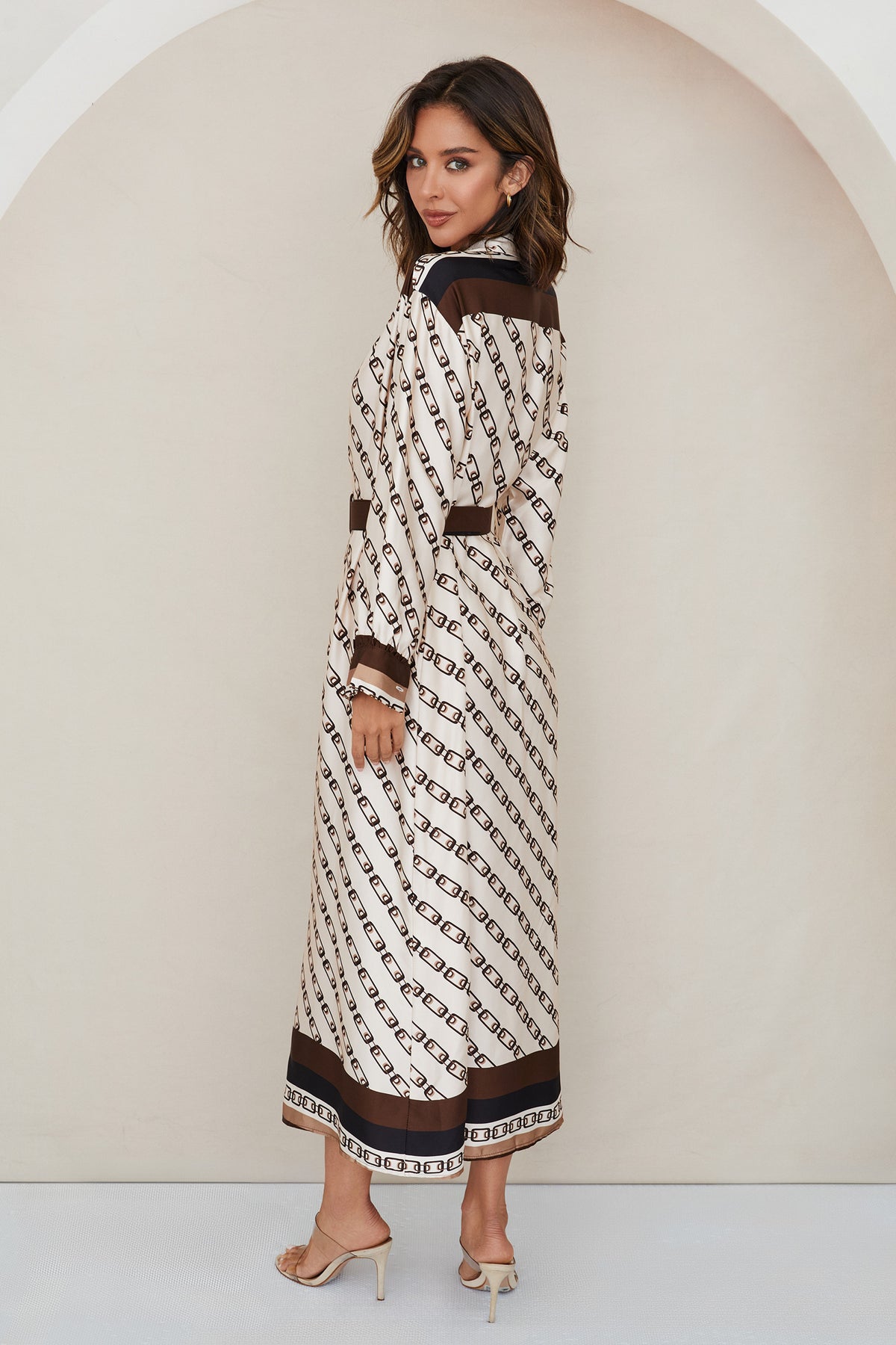 Chain Link Print Button Down Dress W/ Belt - Ivory Multi
