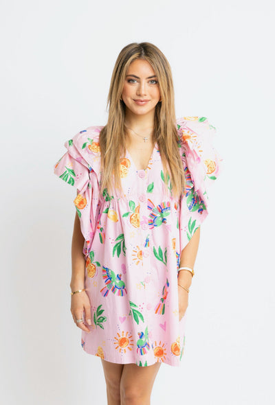 Fruit V-Neck Ruffle Dress - Pink