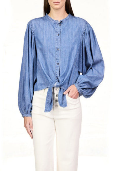 Front Tie Volume Blouse - Blue Slate