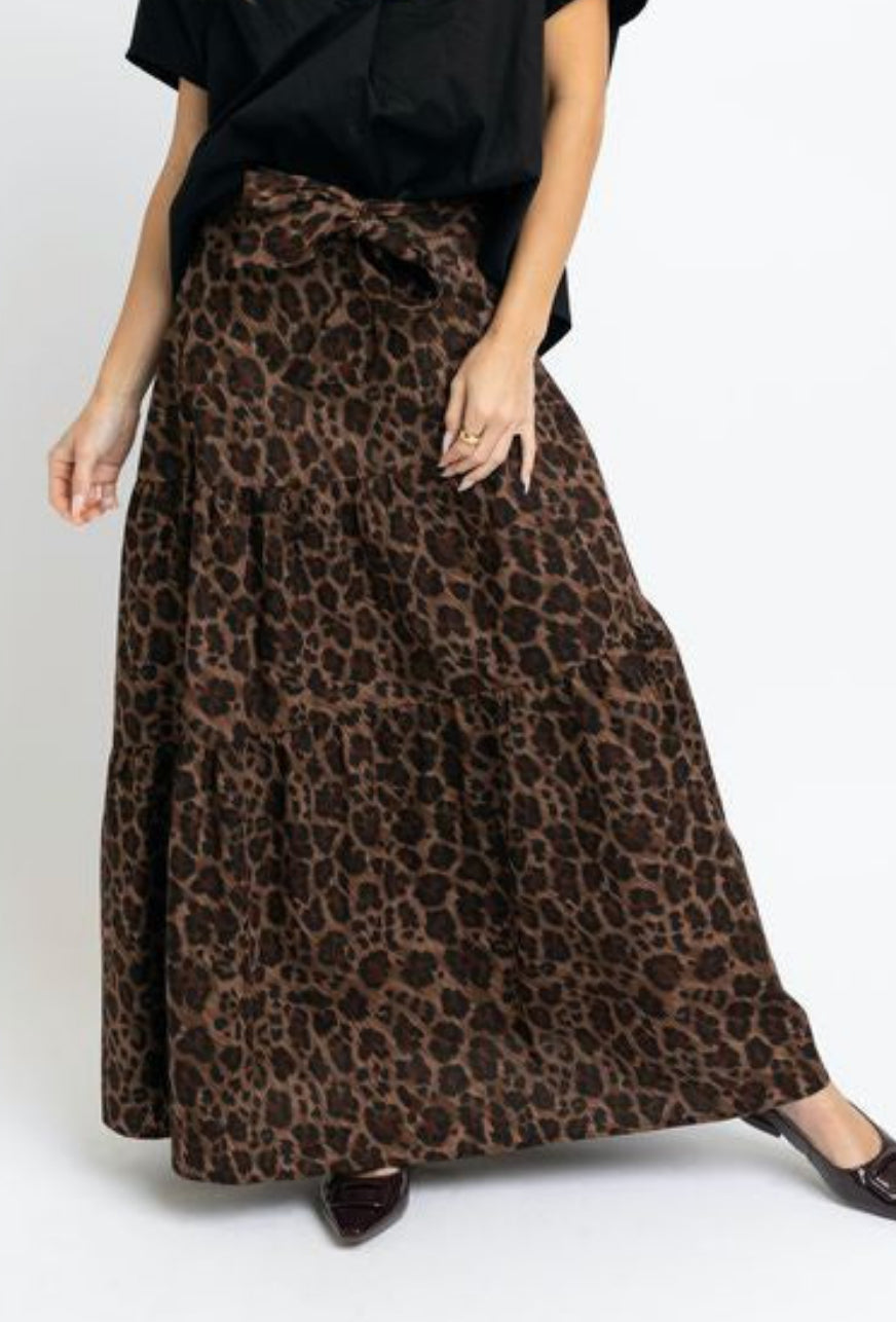 Leopard Tie Maxi Skirt - Brown