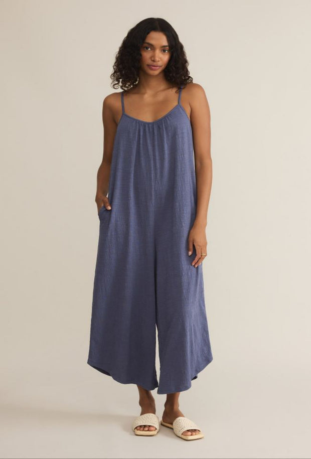 Textured Flared Jumpsuit - Worn Blue