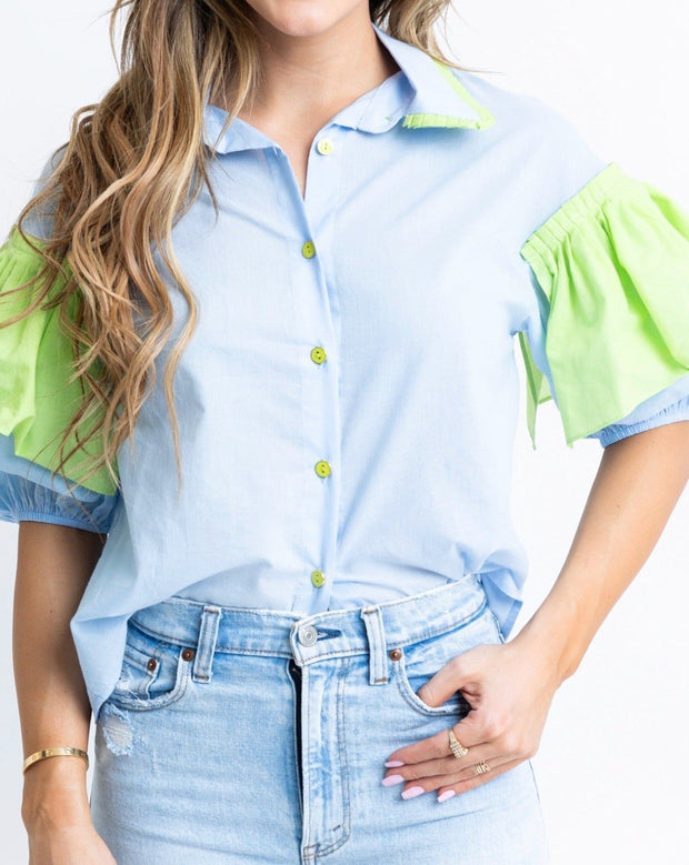 Solid Ruffle Color Block Sleeve Top - Blue/Lime