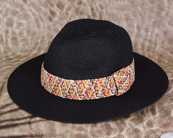 Black Straw Hat with Multicolor Band