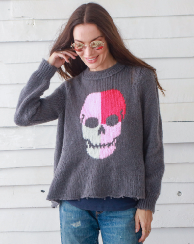 Colorblock Skull Crew Sweater "Gunmetal"