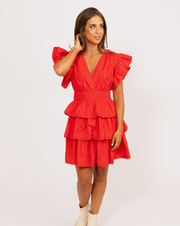 Solid Wrap Ruffle Bottom Dress "Red"
