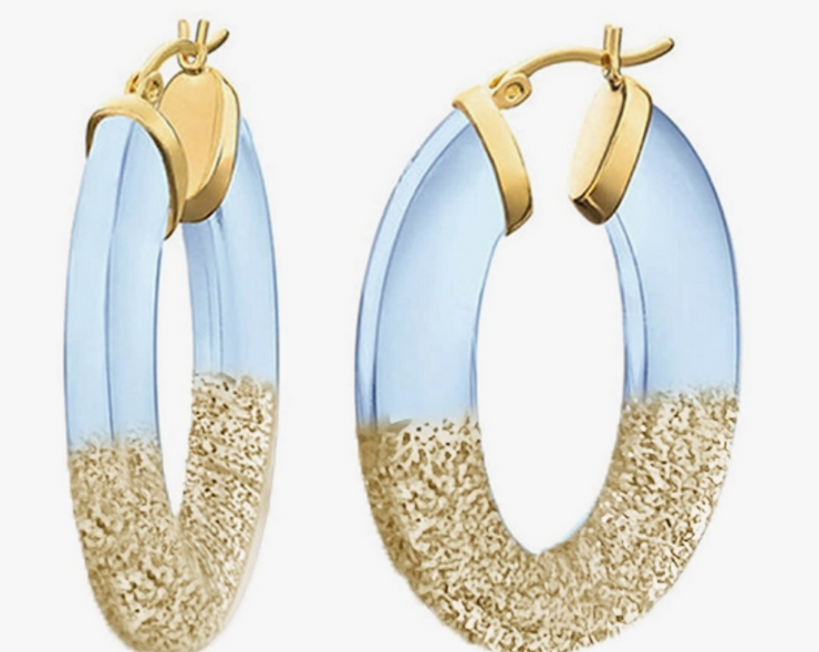 1.5" Blue Flat Oval Hoop Earring with Gold Glitter