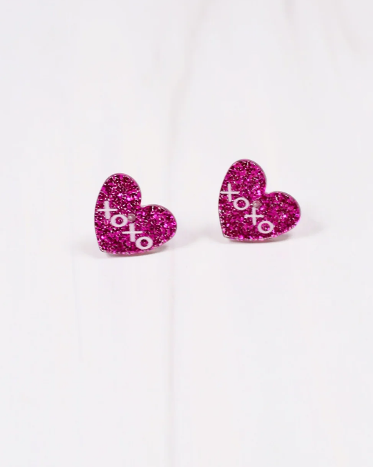 XOXO Glitter Heart Stud Earrings "Fuchsia"