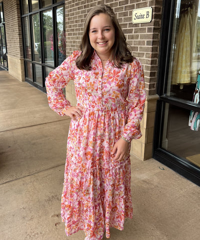 Floral Abstract Metallic Dot Tier Maxi Dress "Pink"