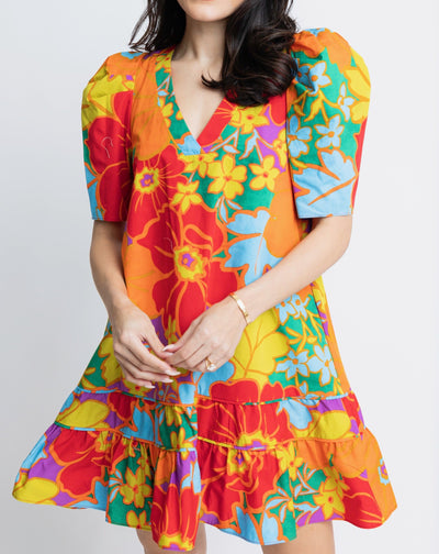 Large Floral Vneck Puff Sleeve Ruffle Bottom Dress - Multi color